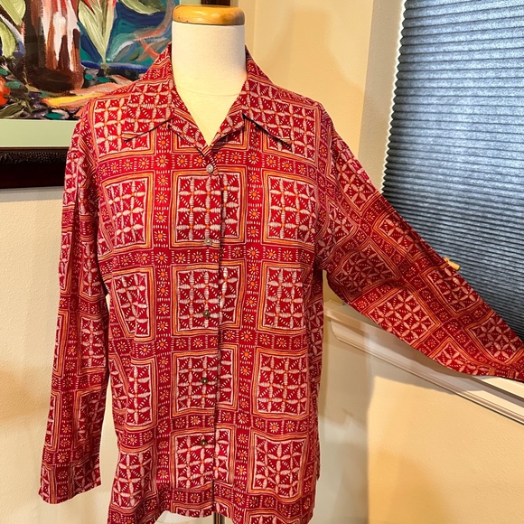 Vtg. 80's GAP Airy Cotton Voile Long Sleeved Red Print Blouse - sz S - Picture 5 of 9